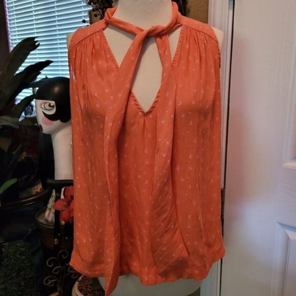 Free People Blouse Tank Top Orange Pink Floral Print Sleeveless Necktie XS - Picture 1 of 7